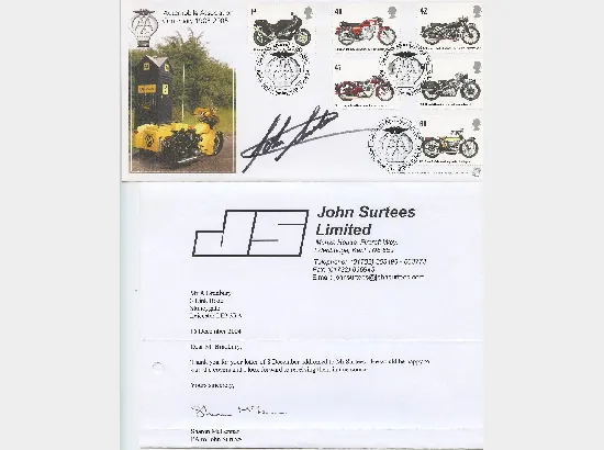 John Surtees - Motor Cyclist - Signed Cover & Letter